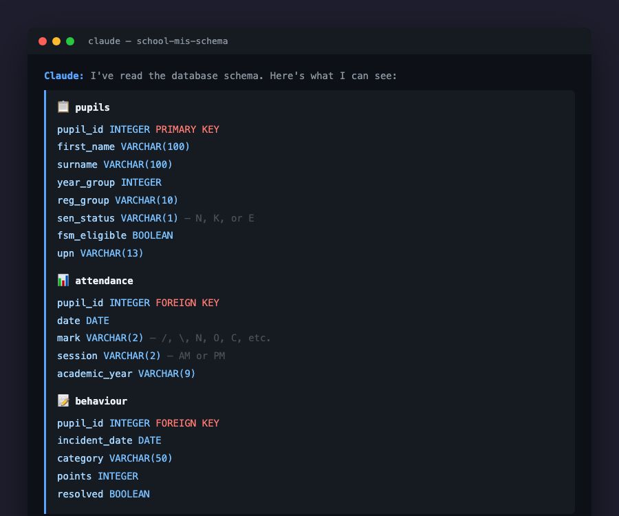 An AI agent's view of a school database schema showing table structures for pupils, attendance, and behaviour, with column names and data types only, no actual pupil records