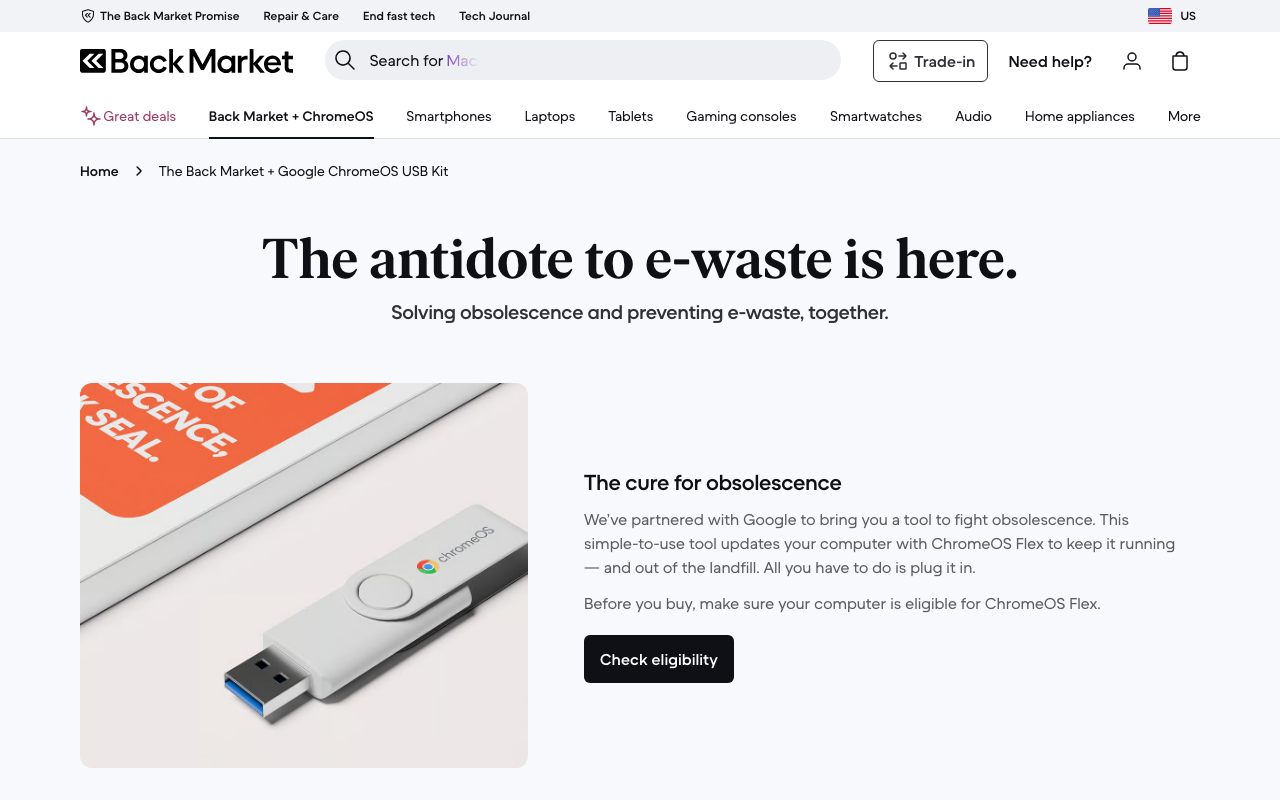 The Back Market ChromeOS Flex USB kit page, showing the partnership with Google to fight e-waste