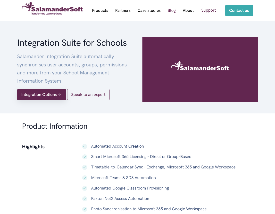 SalamanderSoft Integration Suite for Schools product page, showing the key highlights including automated account creation, timetable-to-calendar sync, and Microsoft Teams automation